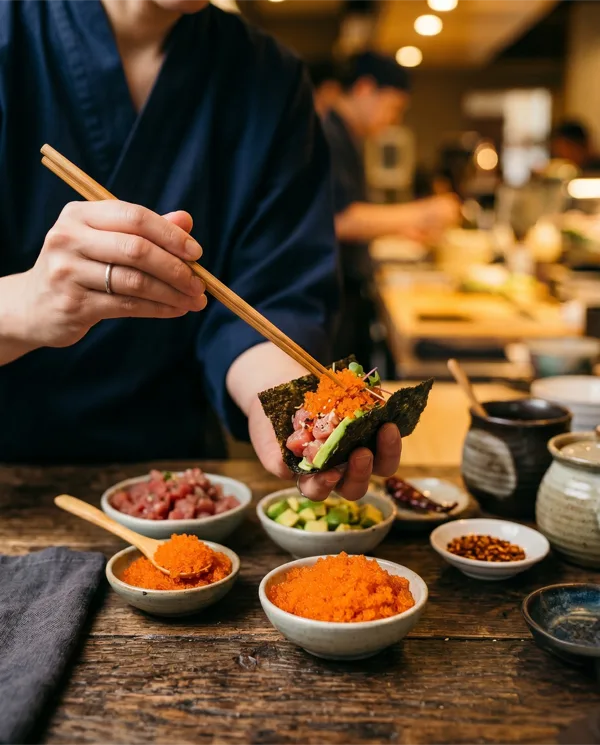 Taco de alga nori crocante recheado com atum, abacate e ovas alaranjadas, servido à mão sobre um balcão de sushi com tigelas de atum, abacate e ovas